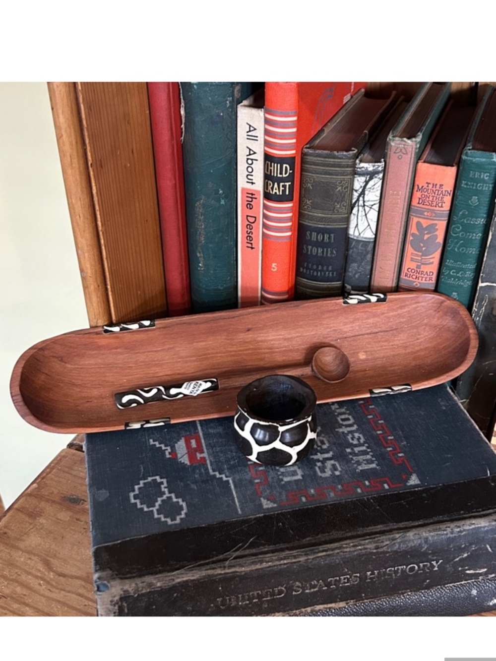 Kenya Black and White Salt Cellar with Marching Wooden Spoon and Appetizer Tray